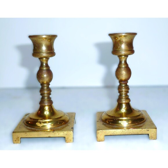 Pair of Vintage Solid Brass Seiden Candlesticks 5" Tall Square Base Needs Polish - Picture 2 of 6